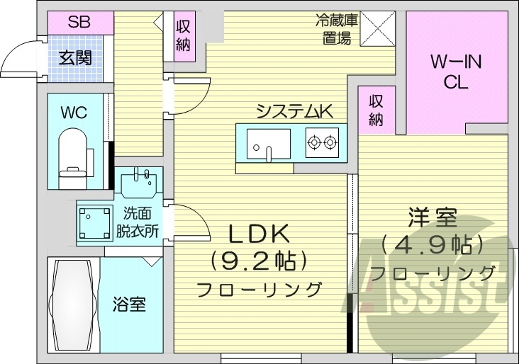 1LDK、都市ガス、エアコン、システムキッチン、