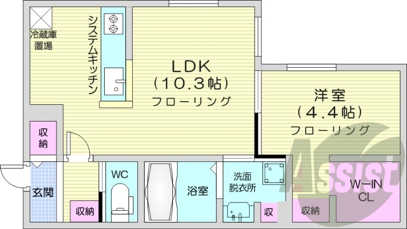 1LDK、都市ガス、エアコン、システムキッチン、