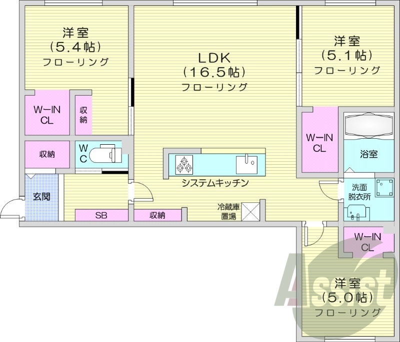 3LDK、都市ガス、エアコン、システムキッチン、
