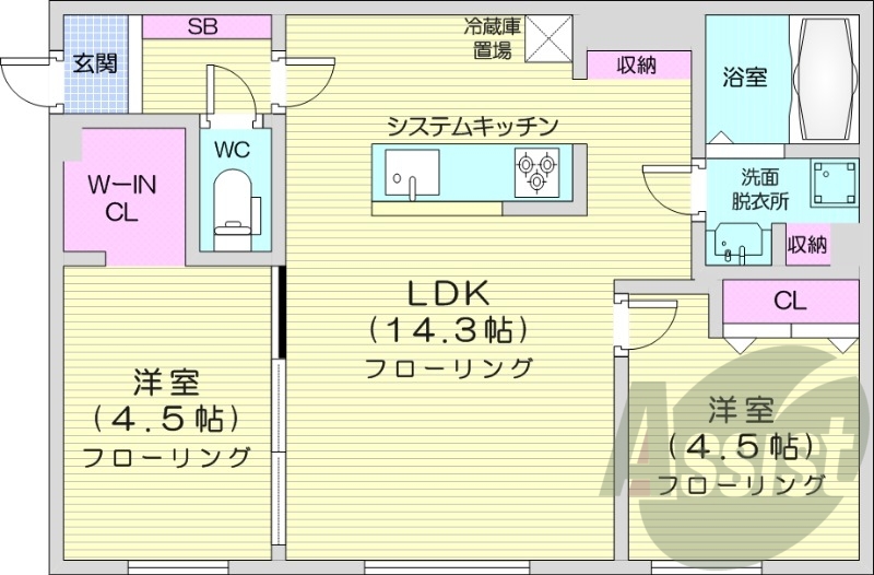 2LDK、都市ガス、エアコン、システムキッチン、