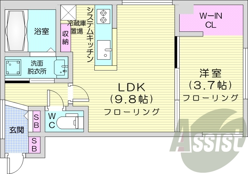 1LDK、エアコン、システムキッチン、ネット無料