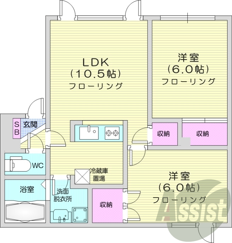 2LDK、独立洗面台、モニターホン、シャワートイレ