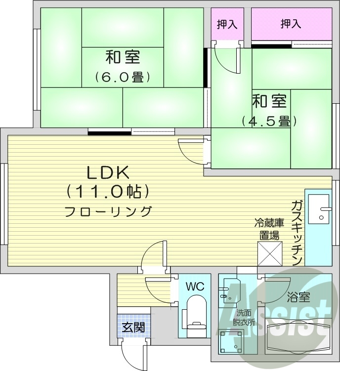 2LDK、独立洗面台、灯油暖房、風呂トイレ別