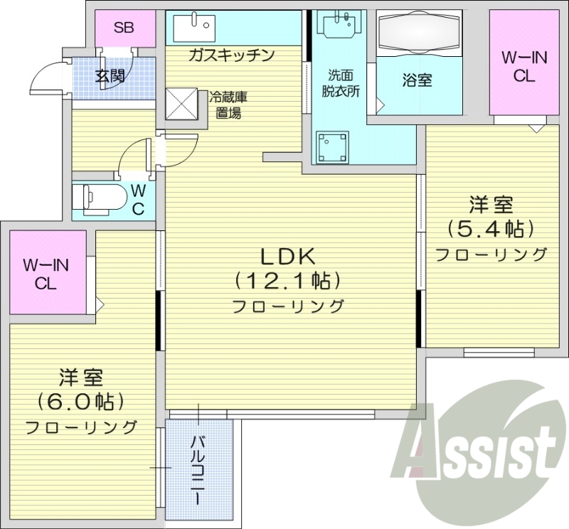 2LDK、バストイレ別、オートロック、灯油暖房