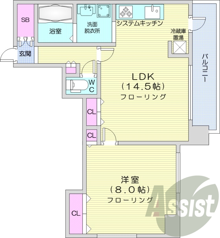 1LDK、都市ガス、オートロック、システムキッチン
