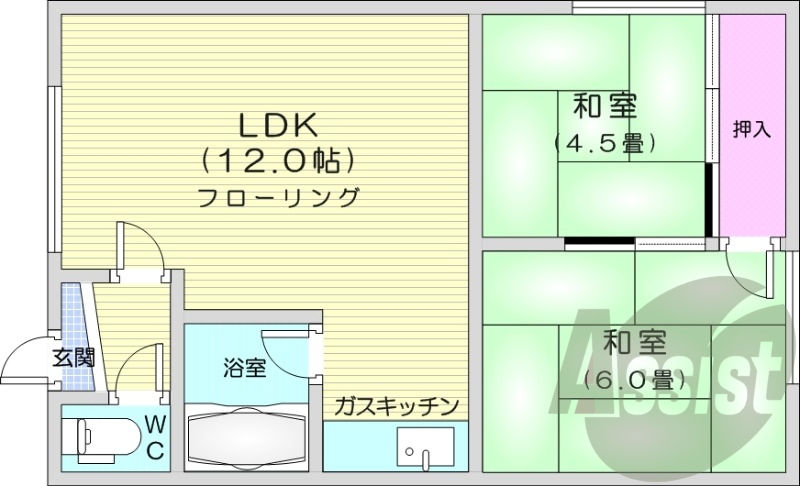 2LDK、灯油暖房、風呂トイレ別、トランクルーム
