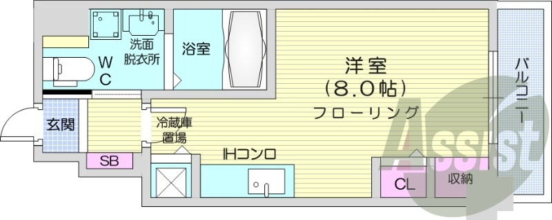 1K、オール電化、バルコニー、シャワートイレ