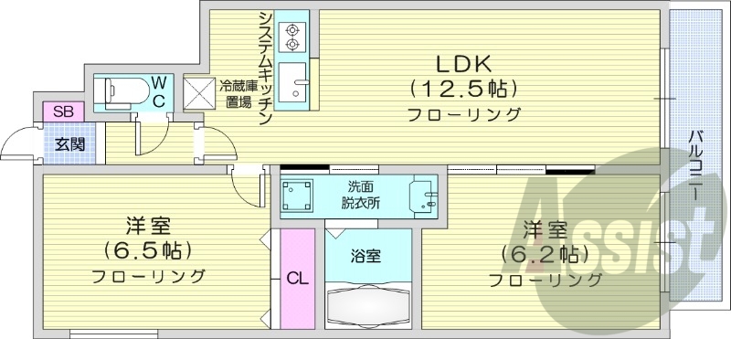 2LDK、システムキッチン、エアコン、シャンプードレッサー