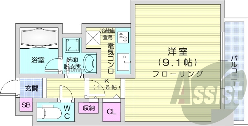 1K、オートロック、エアコン、独立洗面台、シャワートイレ