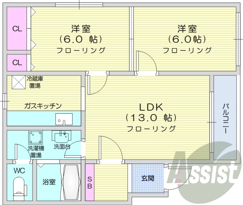 2LDK、天然ガス、エアコン、独立洗面台、光回線