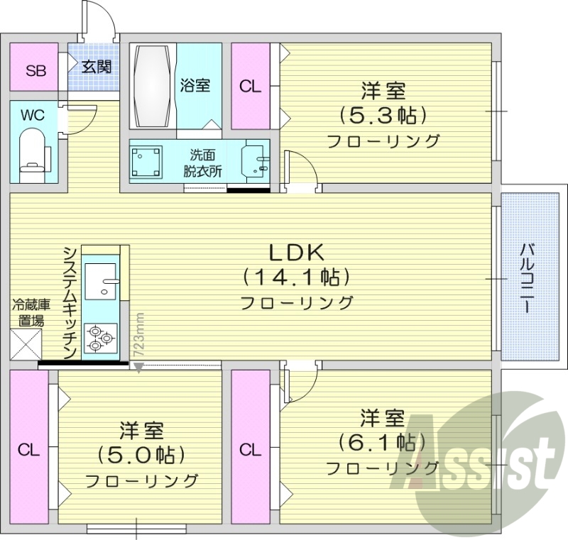 3LDK、追い焚き、都市ガス、システムキッチン
