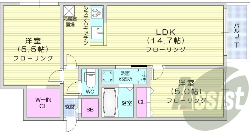 2LDK、追い焚き、都市ガス、システムキッチン