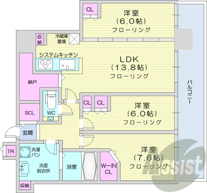 3LDK、システムキッチン、シャワートイレ、追い焚き