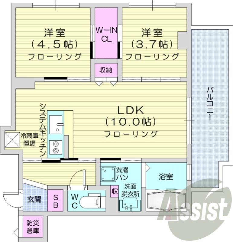 2LDK、ウォークインクローゼット、バルコニー、システムK