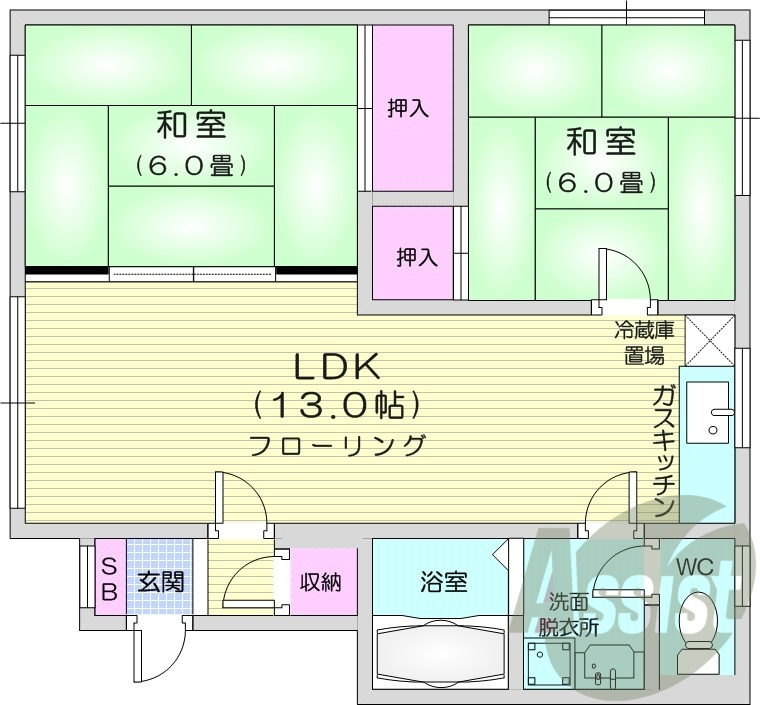 2LDK、独立洗面台、灯油暖房、トランクルーム