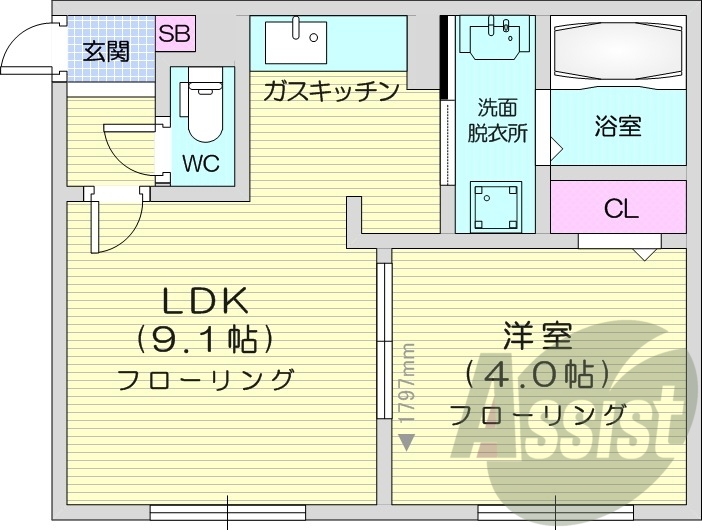 1LDK、オートロック、都市ガス、ネット使用料無料