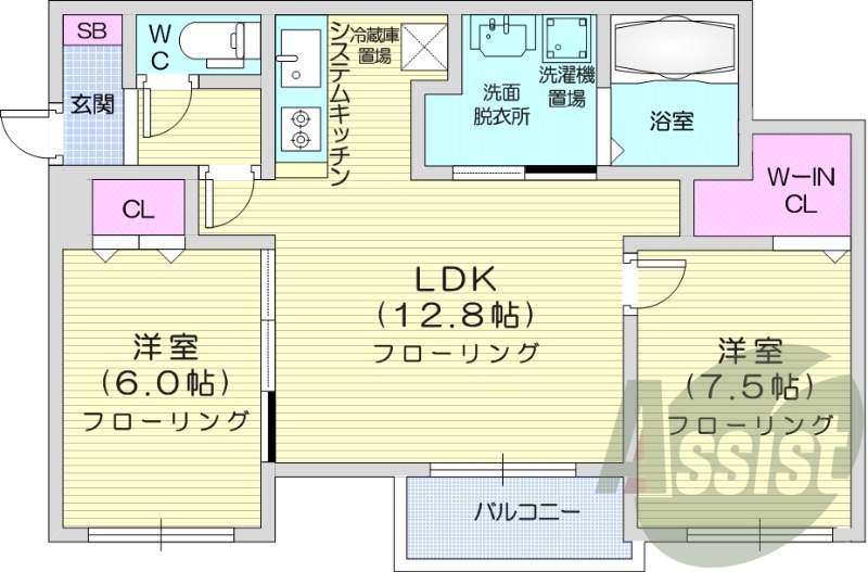 2LDK、エアコン、システムキッチン、ネット使用料不要