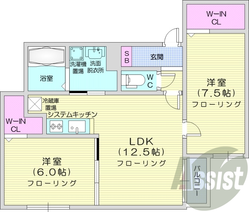 2LDK、エアコン、システムキッチン、ネット使用料不要