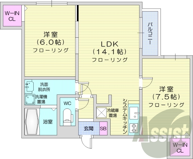 2LDK、エアコン、システムキッチン、ネット使用料不要