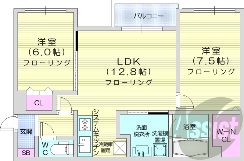 2LDK、エアコン、システムキッチン、ネット使用料不要