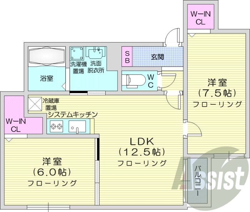2LDK、エアコン、システムキッチン、ネット使用料不要