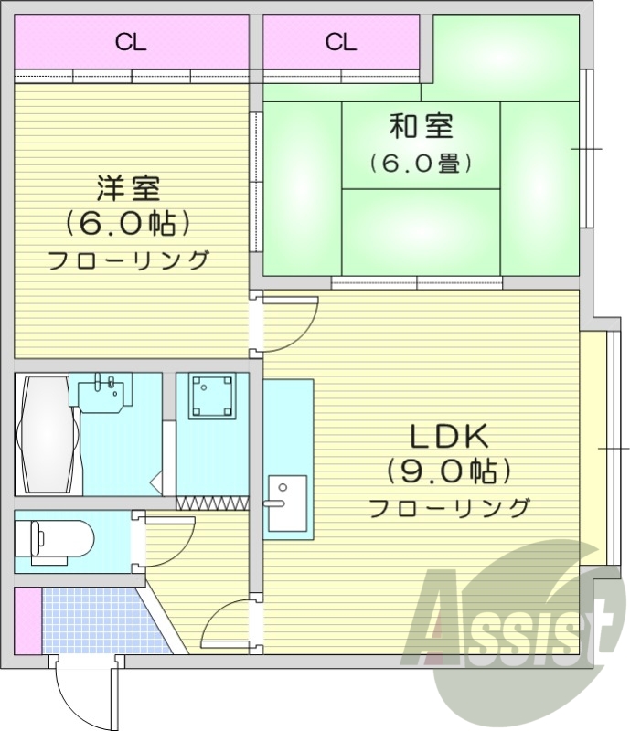 2LDK、洗面台、ガスキッチン、灯油暖房