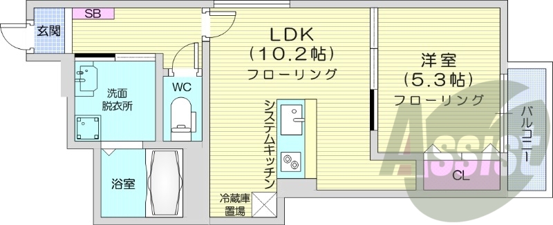 1LDK、都市ガス、エアコン、システムキッチン、追い焚き