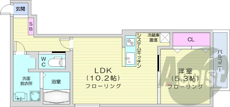 1LDK、都市ガス、エアコン、システムキッチン、追い焚き