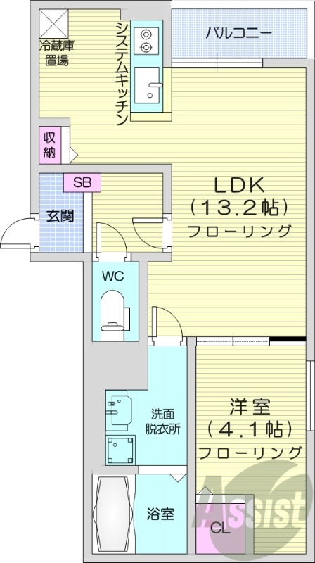 1LDK、都市ガス、エアコン、システムキッチン、追い焚き