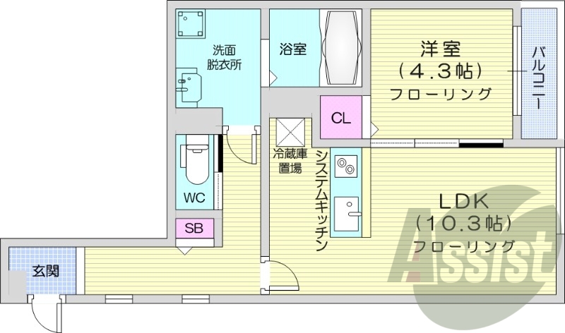 1LDK、都市ガス、エアコン、システムキッチン、追い焚き