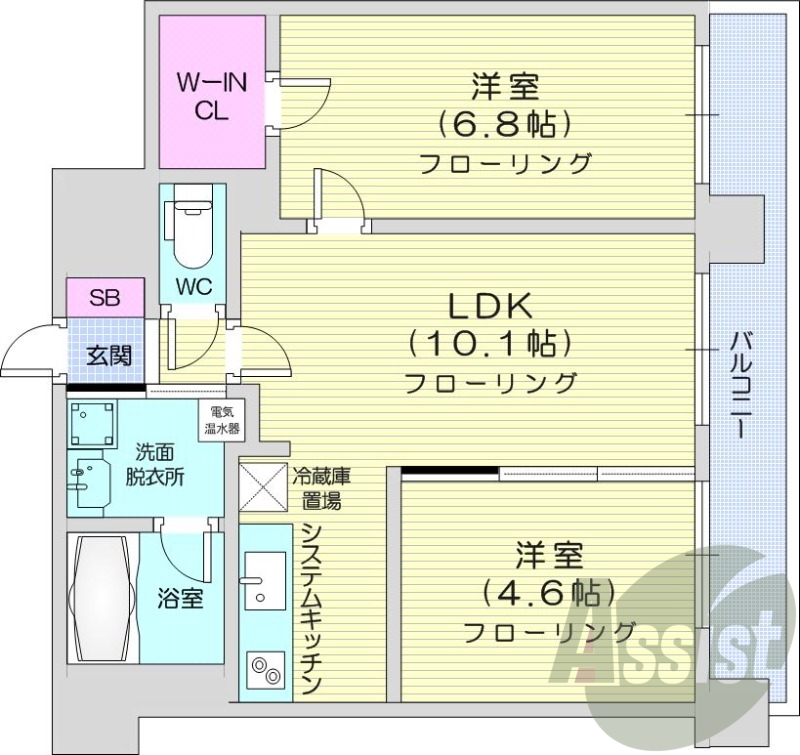 2LDK、バストイレ別、バルコニー、クローゼット、オール電化