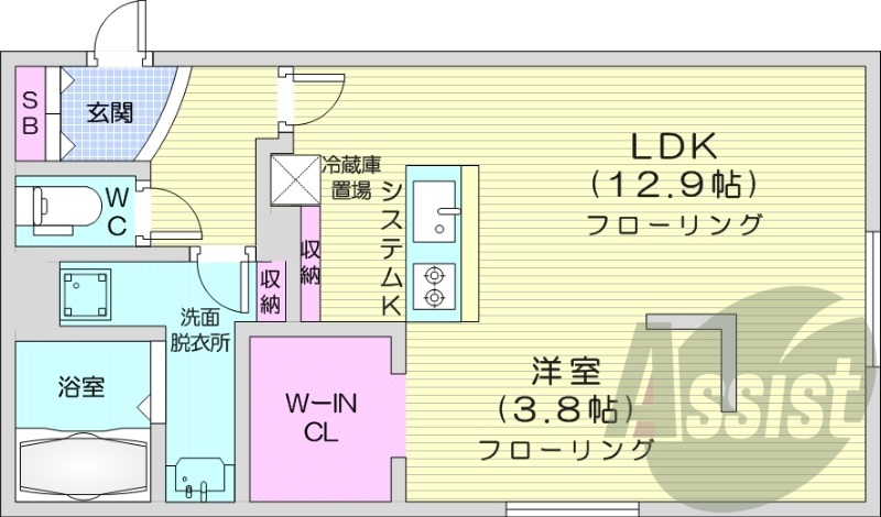 1LDK、エアコン、都市ガス、システムキッチン