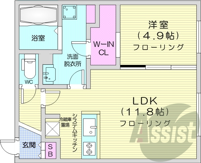 1LDK、エアコン、都市ガス、システムキッチン