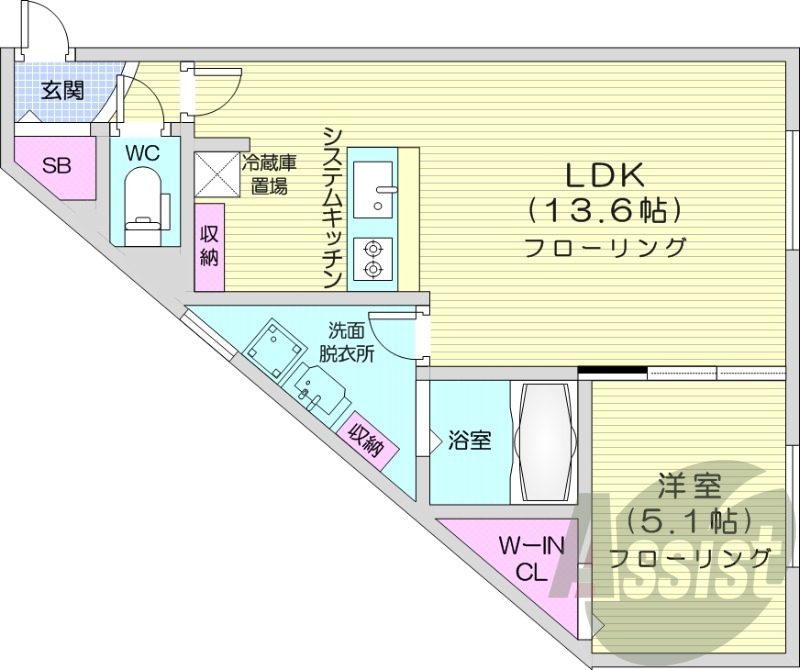 1LDK、エアコン、都市ガス、システムキッチン