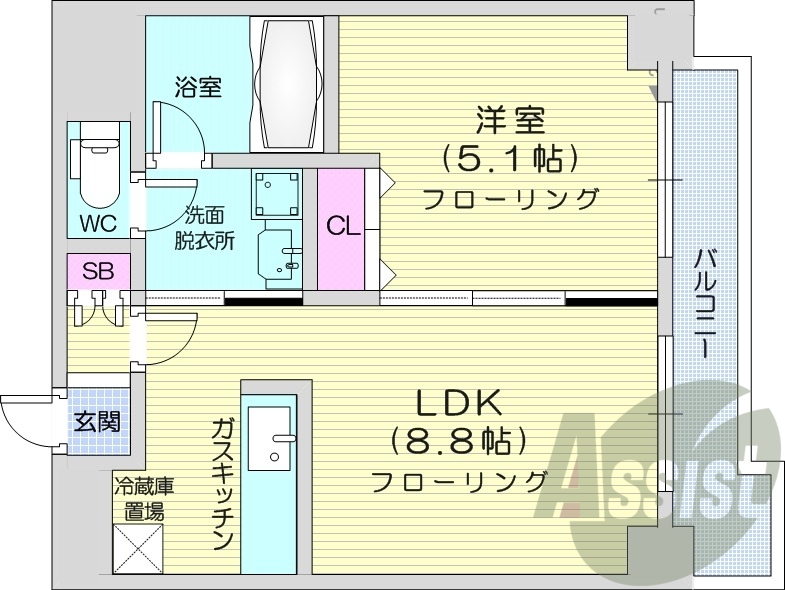 1LDK、バルコニー、オートロック、バストイレ別
