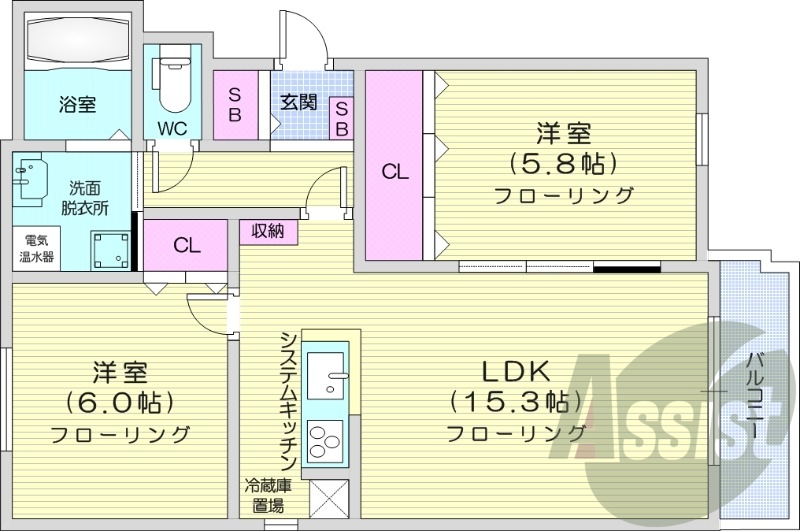 2LDK、エアコン、オール電化、システムキッチン