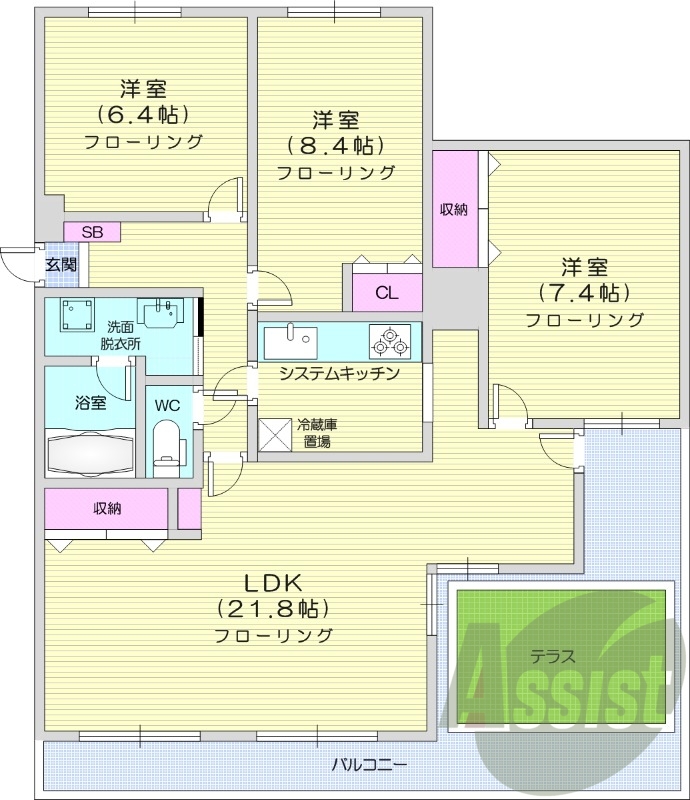 3LDK、都市ガス、システムキッチン、オートロック