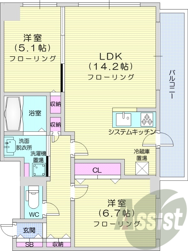 2LDK、都市ガス、システムキッチン、追い焚き