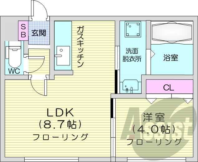 1LDK、エアコン、ガス暖房、ネット無料