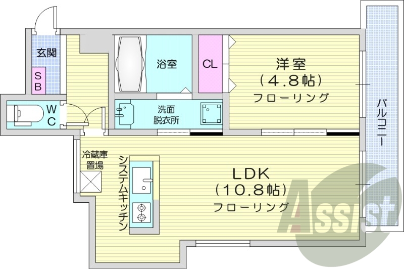 1LDK、エアコン、システムキッチン、インターネット無料