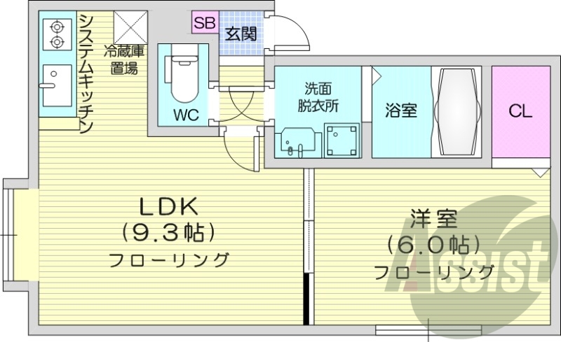 1LDK、独立洗面台、エアコン、システムキッチン