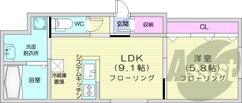 1LDK、都市ガス、エアコン、独立洗面台、システムキッチン