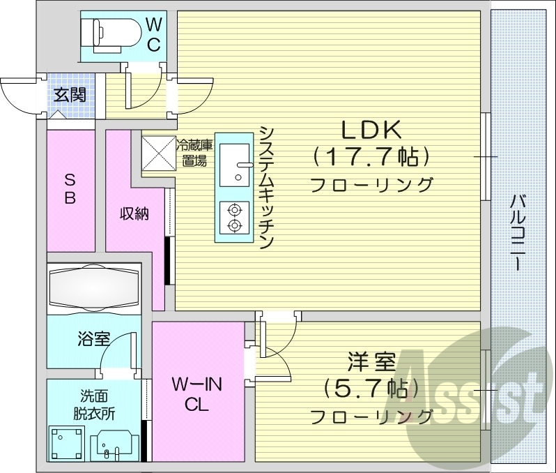 1LDK、都市ガス、エアコン、システムキッチン