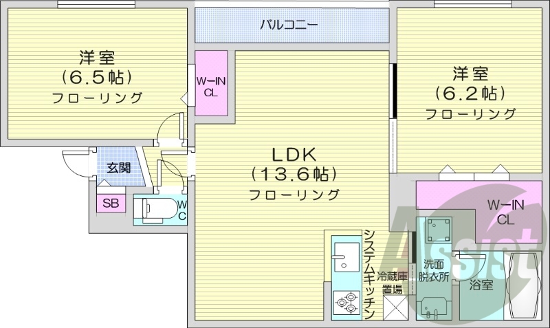 2LDK、エアコン、都市ガス、システムキッチン