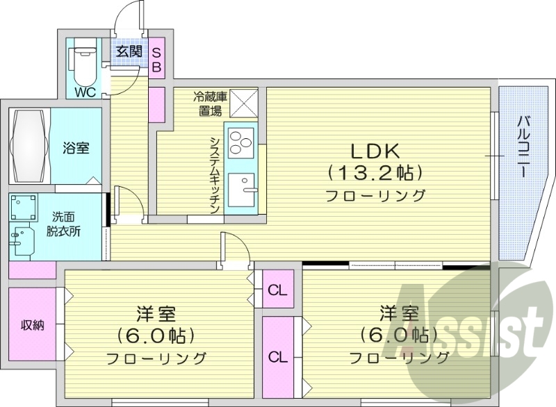 2LDK、インターネット無料、角部屋、システムキッチン