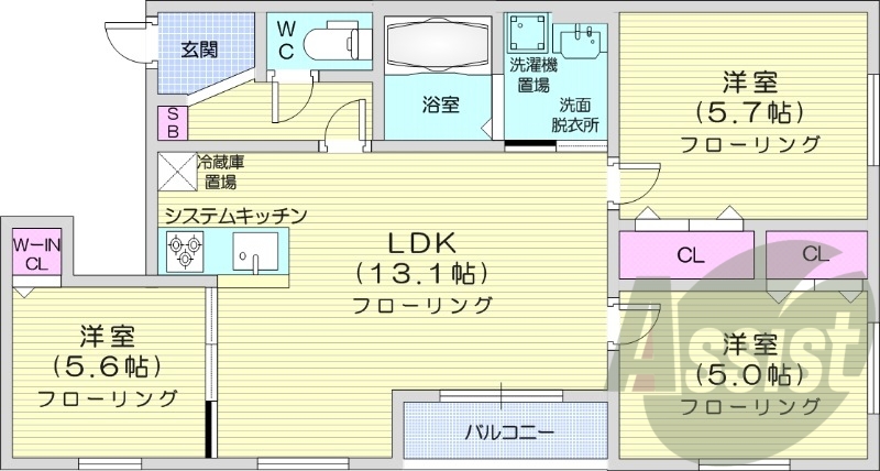 3LDK、都市ガス、エアコン、システムキッチン、追い焚き
