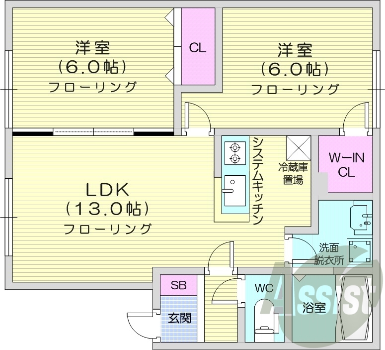 2LDK、灯油暖房、独立洗面台、ネット無料