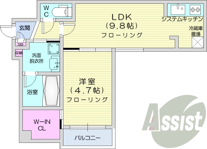 1LDK、エアコン、都市ガス、システムキッチン