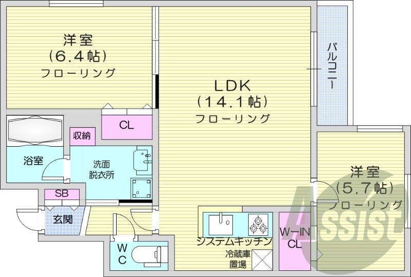 2LDK、エアコン、都市ガス、システムキッチン