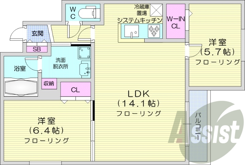 2LDK、エアコン、都市ガス、システムキッチン